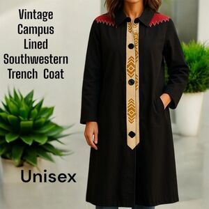 Vintage Campus Permanent Press Black Unisex Southwestern Embellished Trench Coat